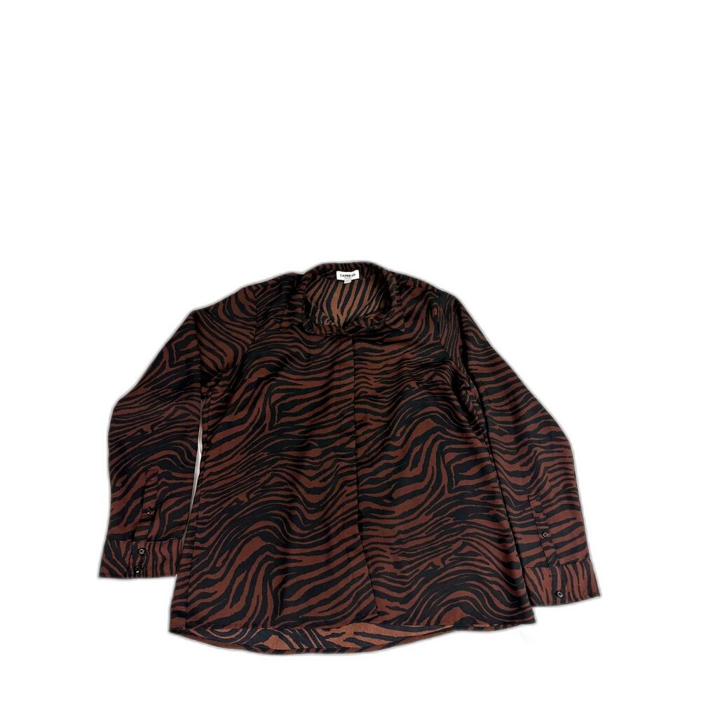 Express Portofino Women's L Brown Black Zebra Print Long Sleeve Blouse